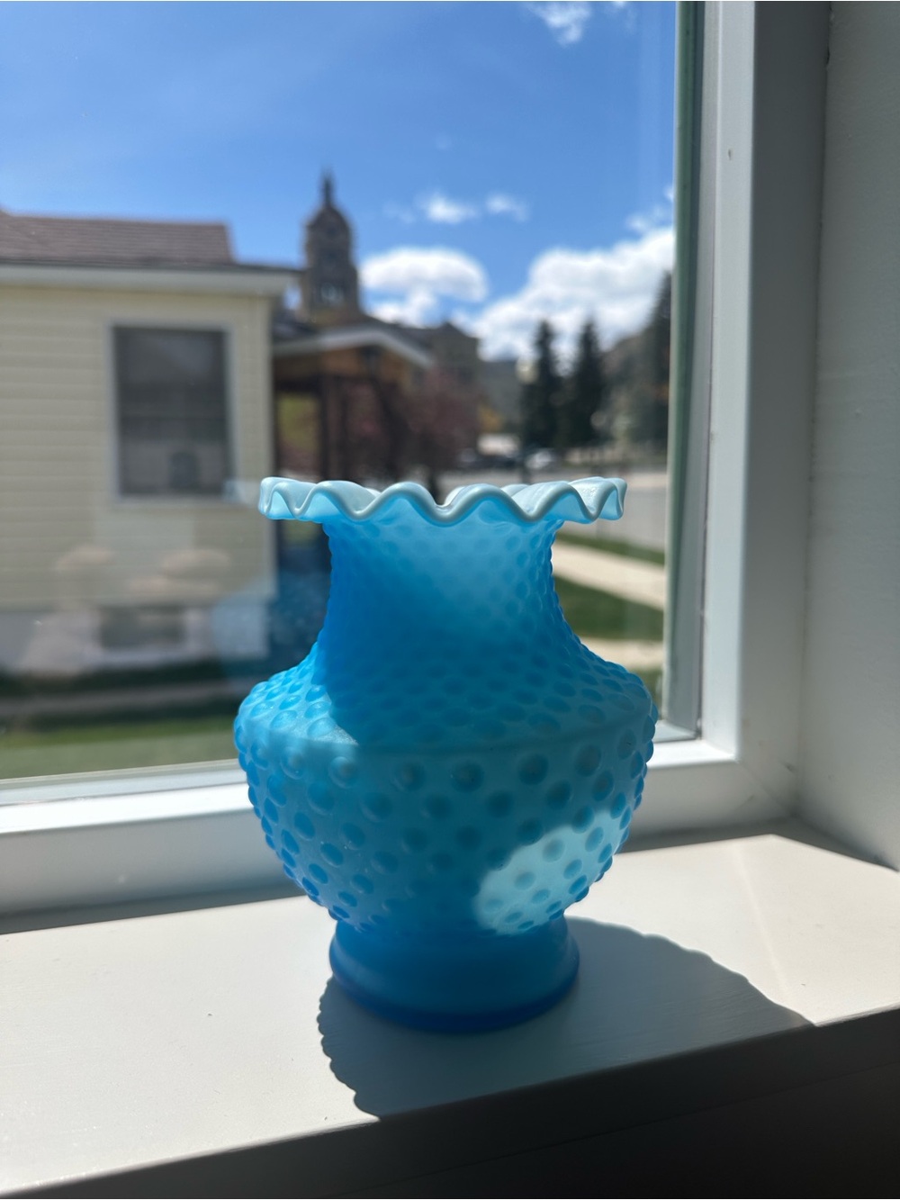 Fenton Blue and White Opalescent Hobnail Ruffled Vase